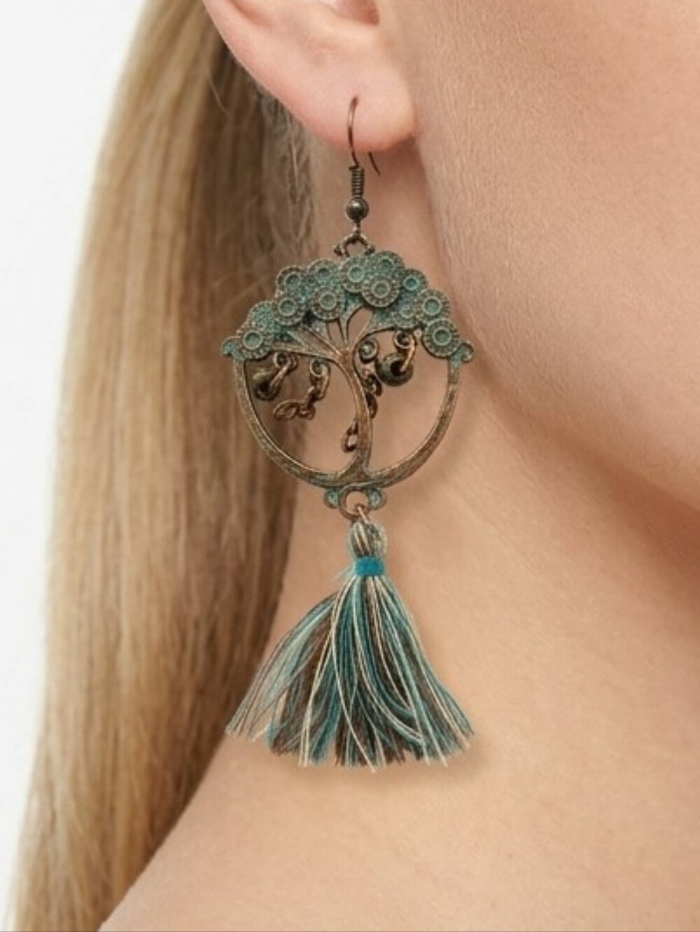 Bohemian Teal Tree Tassel Drop Earrings Copper Blue Gold Western Feminine